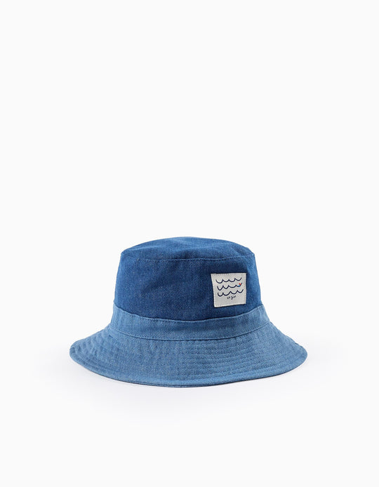 Dual-Fabric Denim Hat for Baby and Boys, Blue