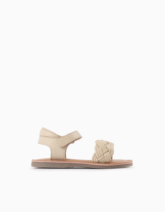 Leather Sandals for Baby Girls, Beige