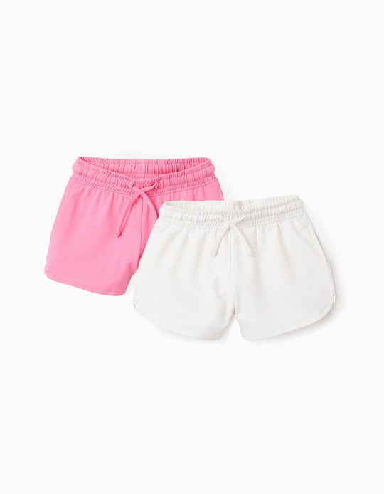 Pack of 2 Fleece Shorts for Girls, White/Pink