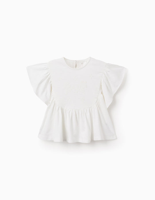 T-shirt with Ruffles and Cross-Stitch Print for Girls, White