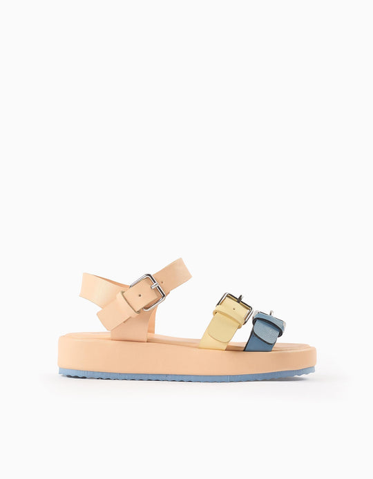 Buckle Sandals for Girls, Coral/Yellow/Blue