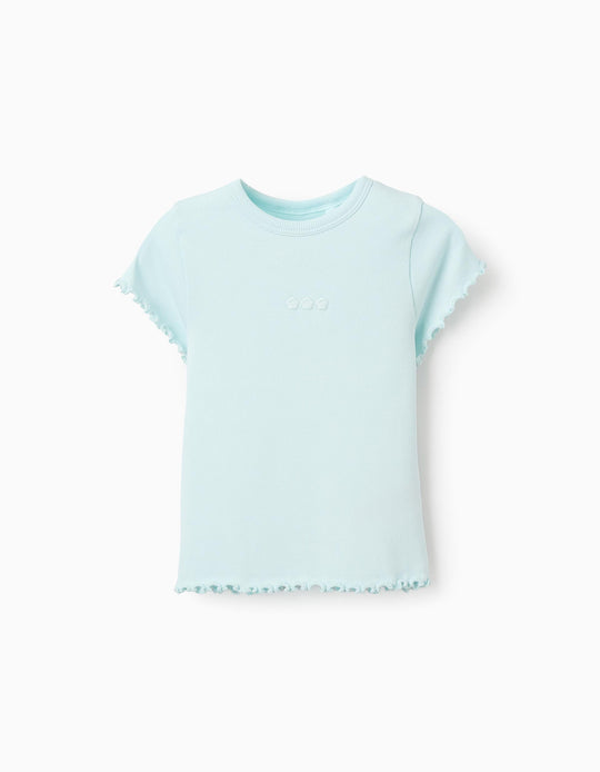 Ribbed T-shirt with Flower Embroidery for Girls, Light Blue