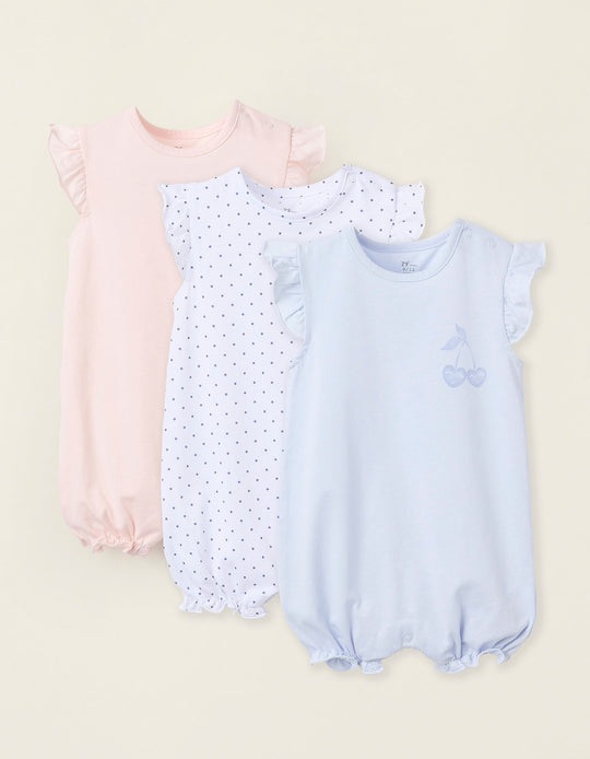 Pack of 3 Cotton Romper-Pyjamas for Baby Girls, Blue/Pink/White