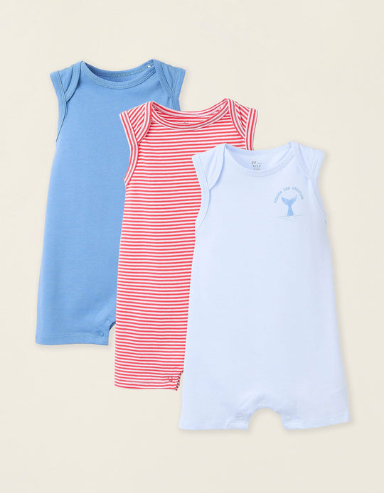 Pack of 3 Cotton Romper-Pyjamas for Baby Boys, Blue/Red