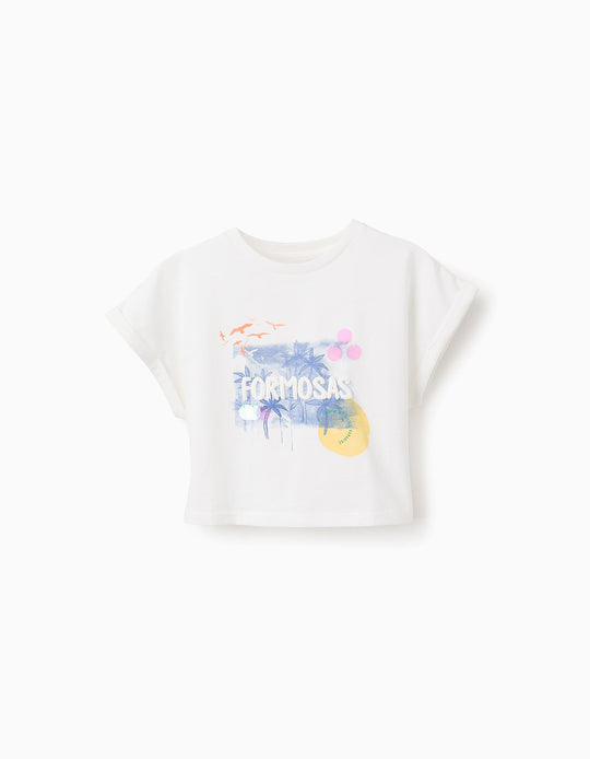Cropped Cotton T-shirt for Girls 'Lovely', White