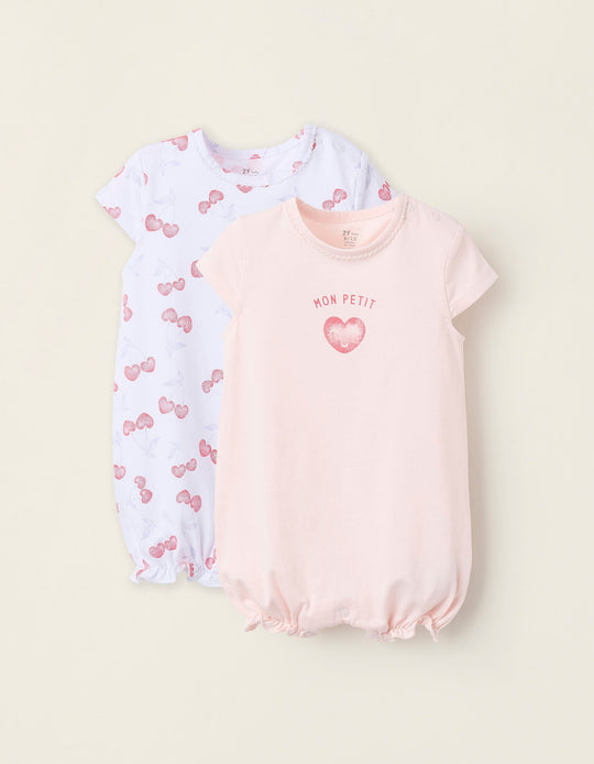 Pack of 2 Romper-Pyjamas for Baby Girls 'Hearts', White/Pink