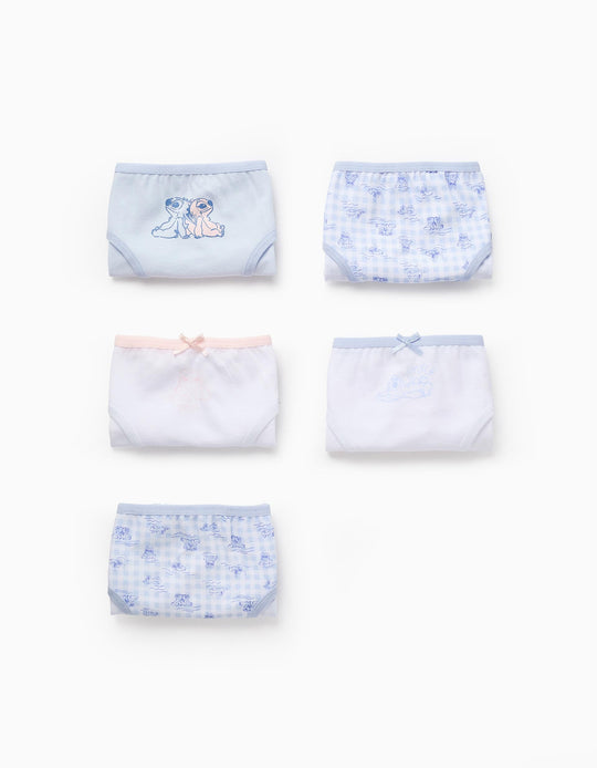 Pack of 5 Briefs for Girls 'Stitch', White/Pink/Blue