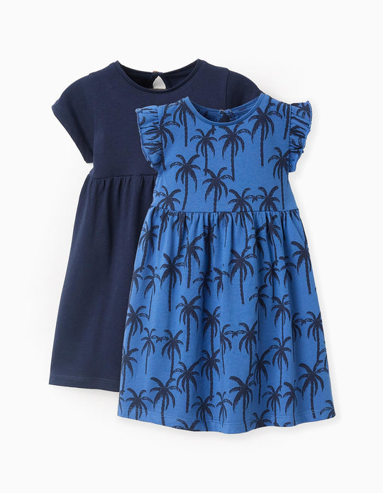 عبوة 2 فستان قطني للبنات الرضع نخيل، أزرق