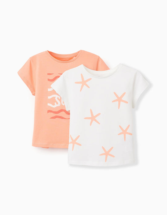 Pack of 2 Cotton T-shirts for Girls 'Starfish', Coral/White