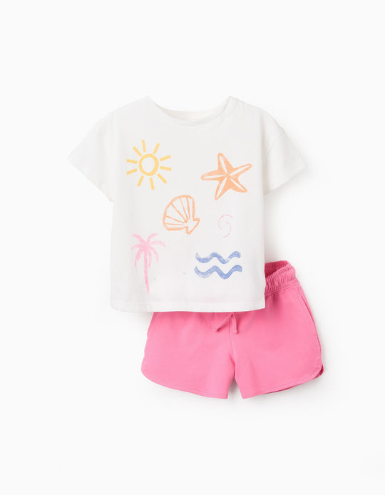 T-shirt + Shorts for Girls 'Summer', White/Pink