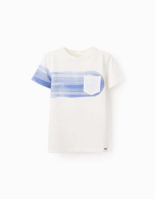 Cotton T-shirt with Pocket for Boys, White