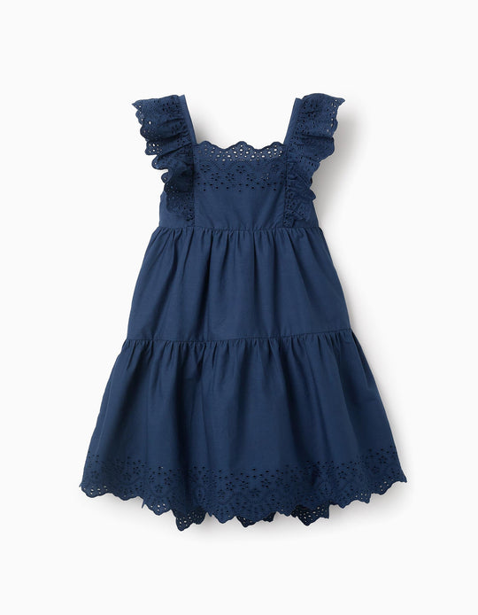 Dress with Ruffles and Broderie Anglaise for Girls, Blue