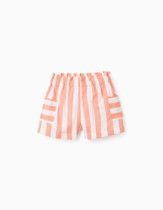 Striped Cotton Shorts for Baby Girls, White/Orange