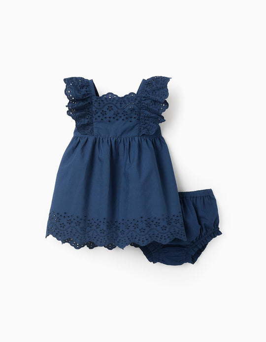 Dress + Bloomers with Broderie Anglaise for Baby Girls, Blue