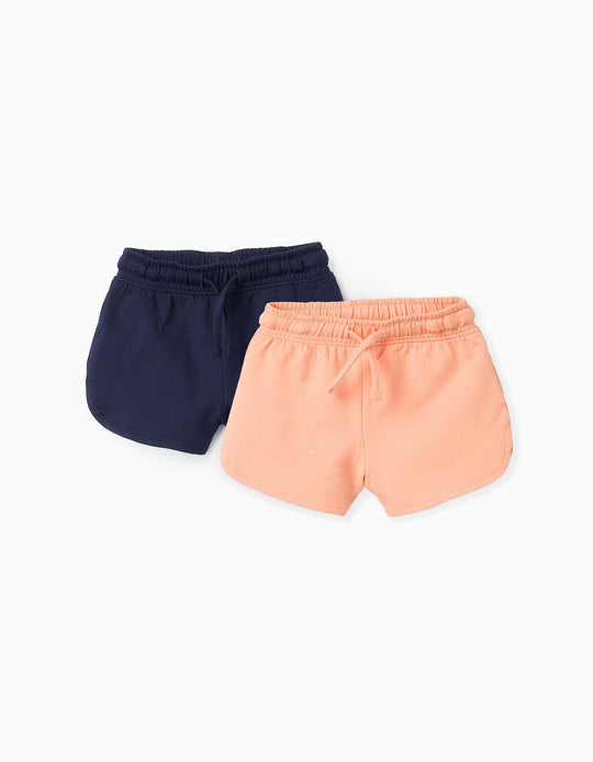 Pack of 2 Drawstring Shorts for Baby Girls, Blue/Coral