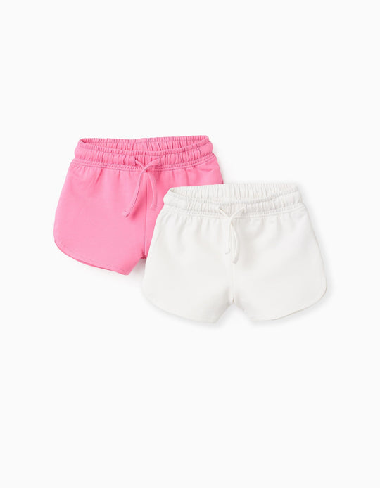 Pack of 2 Drawstring Shorts for Baby Girls, White/Pink