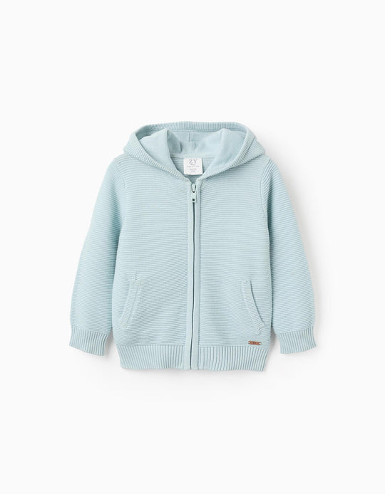 Knitted Cardigan with Texture and Hood for Baby Boys, Light Blue