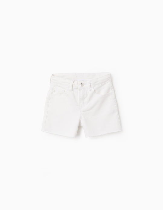 Twill Shorts with Frayed Hems for Girls, White