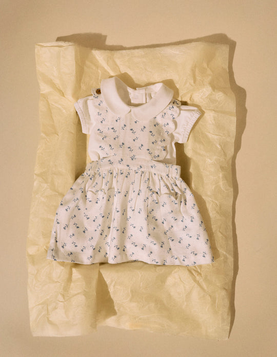 Floral Pinafore Dress with Wavy Details for Newborn Girls, White