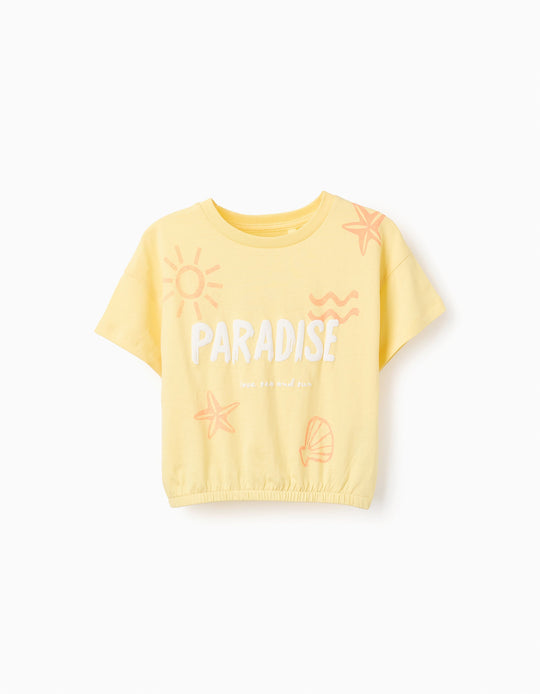 تيشيرت قطني بحافة مطاطية للبنات Paradise، أصفر