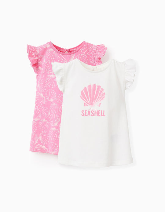 Pack of 2 T-shirts with Motifs and Prints for Baby Girls, White/Pink