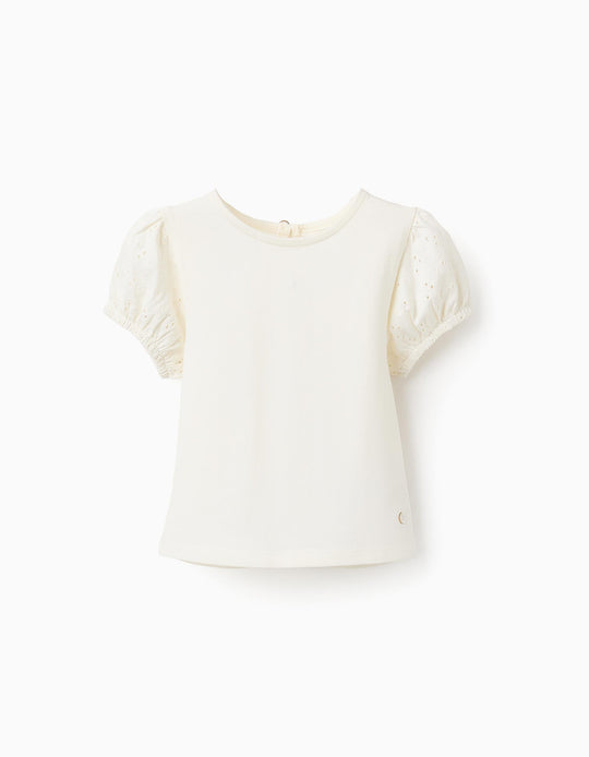 T-shirt with Broderie Anglaise Sleeves for Baby Girls, White