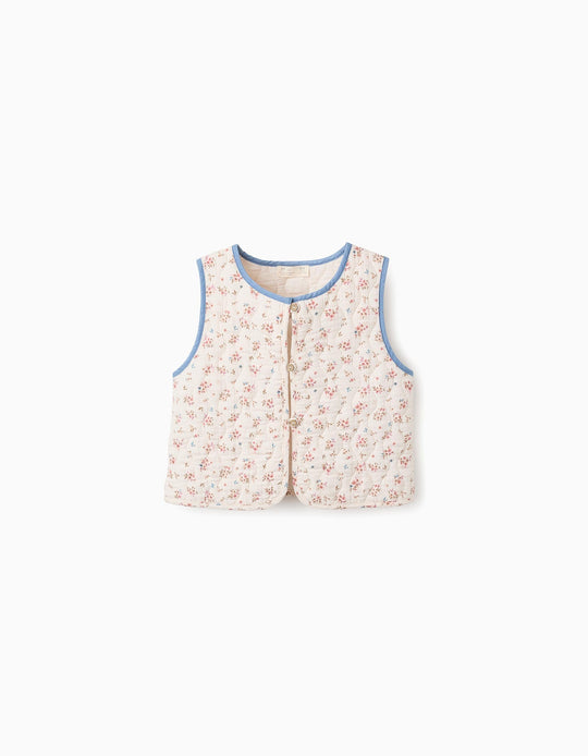 Padded Floral Gilet for Girls, Beige/Blue