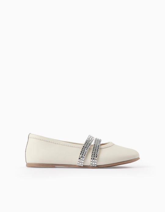 Ballerina Flats with Strass Straps for Girls, White/Silver