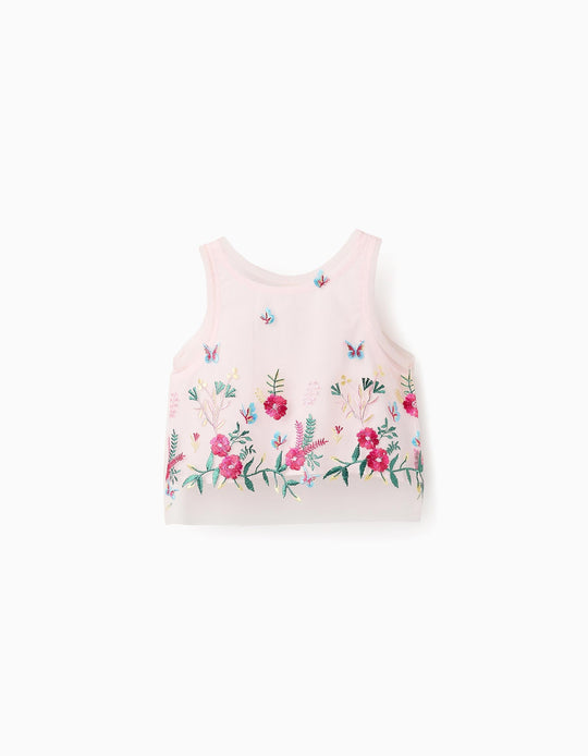 Tulle Top with Colourful Embroidery for Baby Girls, Pink