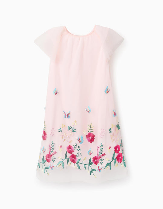 Tulle Dress with Colourful Embroidery for Girls, Pink