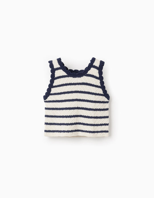 Striped Top for Girls, White/Navy Blue