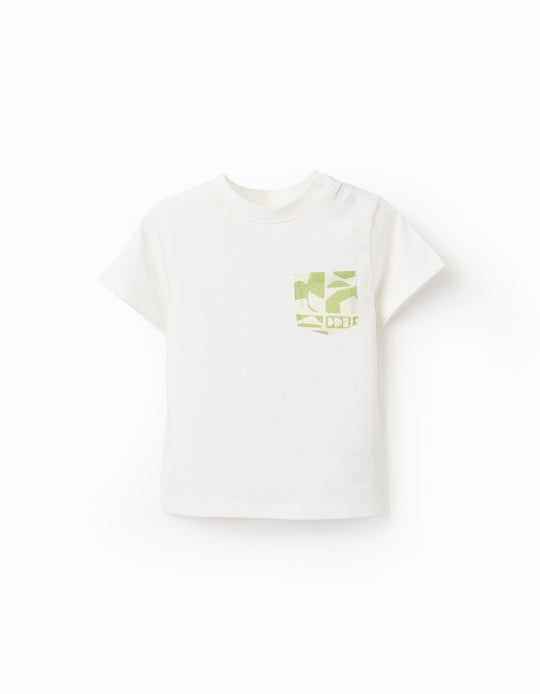 Cotton T-shirt with Contrast Pocket for Baby Boys, White/Green
