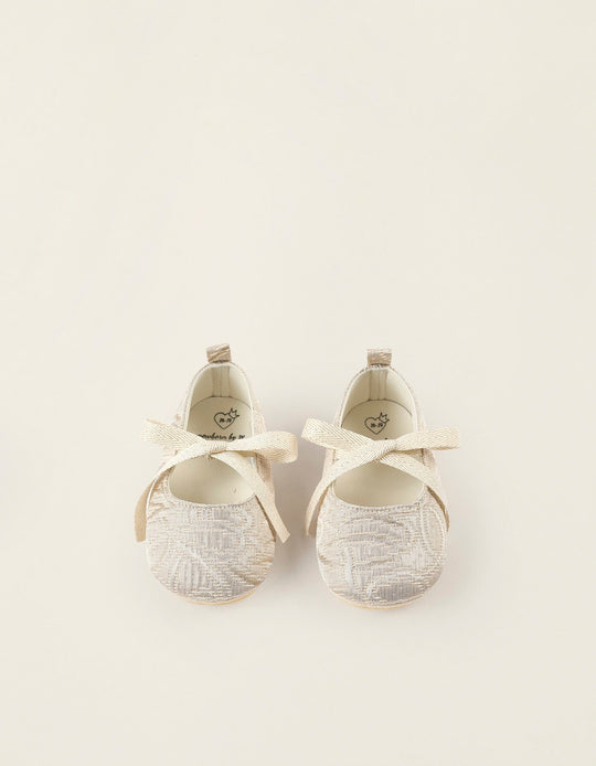 Ballerinas with Texture and Lurex Threads for Newborn Girls, Beige
