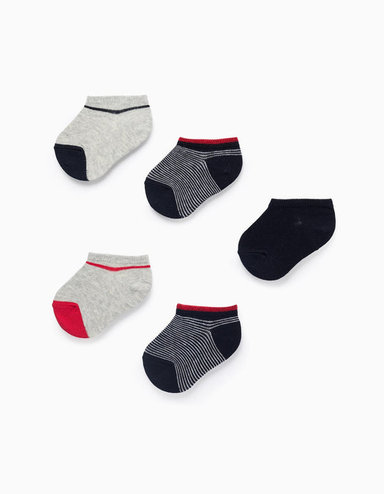 Pack of 5 Pairs of Short Plain/Striped Socks for Baby Boys, Blue/Red/Grey