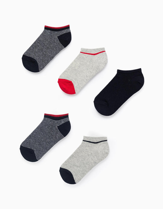 Pack of 5 Pairs of Short Plain/Striped Socks for Boys, Blue/Red/Grey