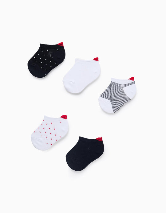 Pack of 5 Pairs of Ankle Socks with Heart for Baby Girls, White/Navy Blue
