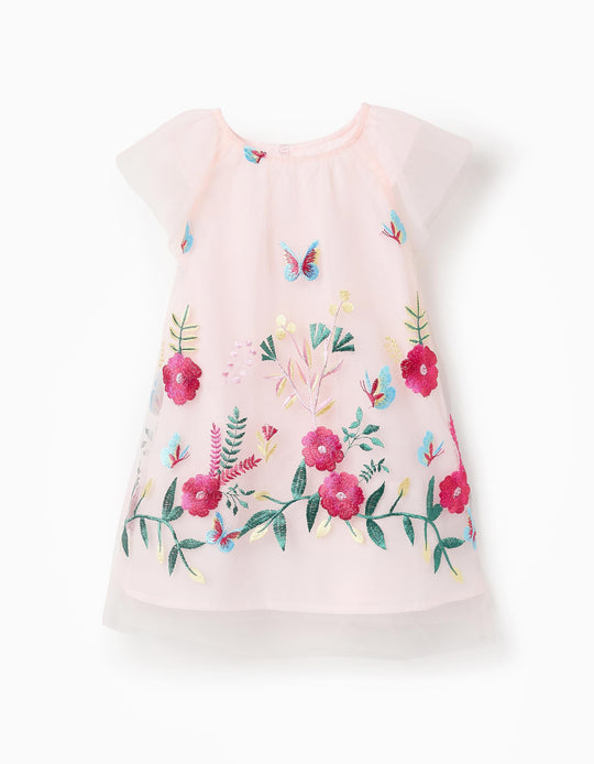 Tulle Dress with Colourful Embroidery for Baby Girls, Pink