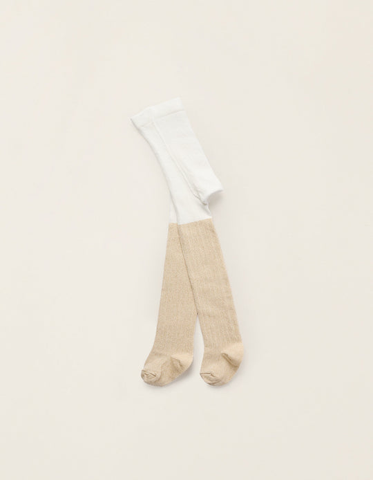 Ribbed Tights with Lurex Threads for Baby Girls, White/Gold