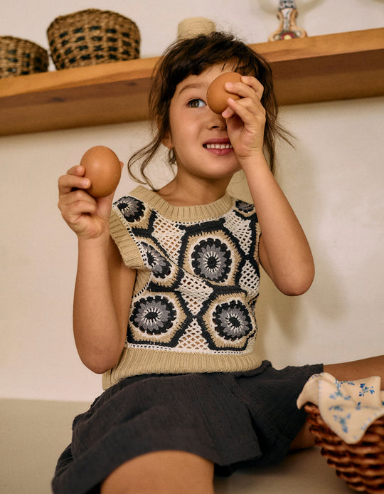 Knitted Gilet with Crochet for Girls, Beige/Grey