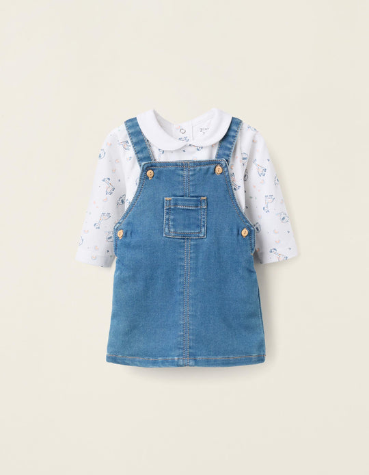 Safari Bodysuit + Denim Pinafore Dress for Newborn Girls, White/Blue
