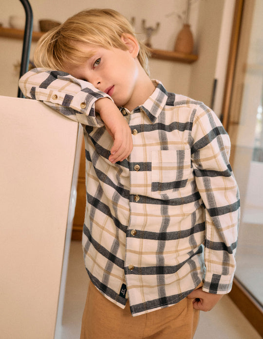 Cotton Shirt with Check for Boys 'B&S', White/Grey/Beige