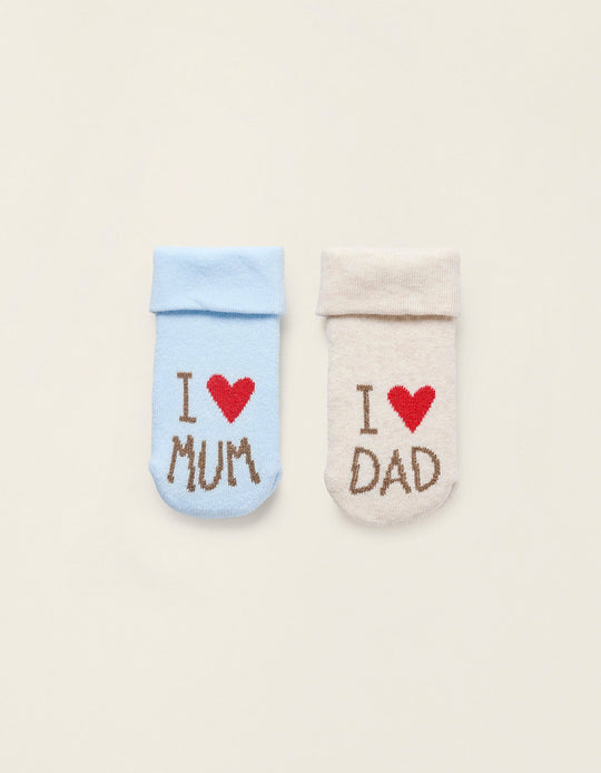 Pack 2 Pairs of Thick Socks for Newborns and Babies 'Mum&Dad', Beige/Blue