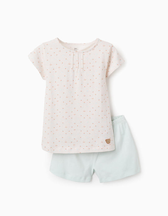 طقم بيجاما قطنية بنقشة زهور للبنات، أبيض/بيج/أخضر أكوا