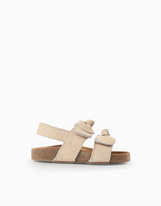 Suede Sandals with Bows for Baby Girls, Beige