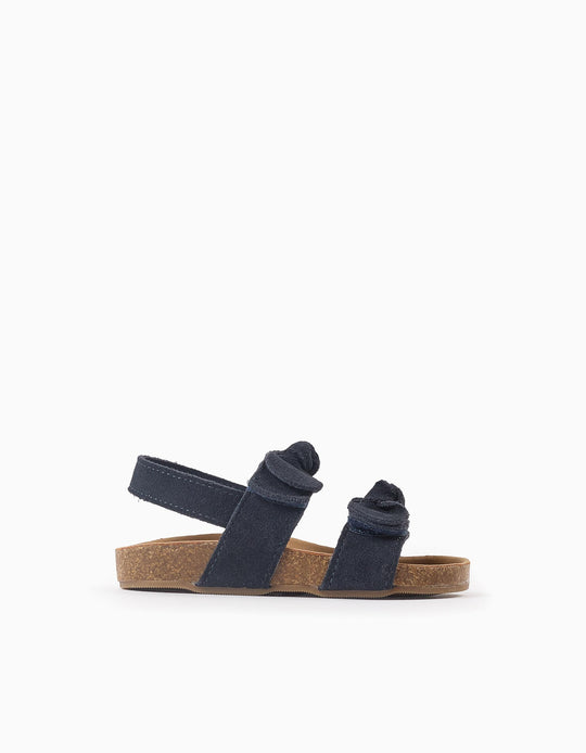 Suede Sandals with Bows for Baby Girls, Dark Blue