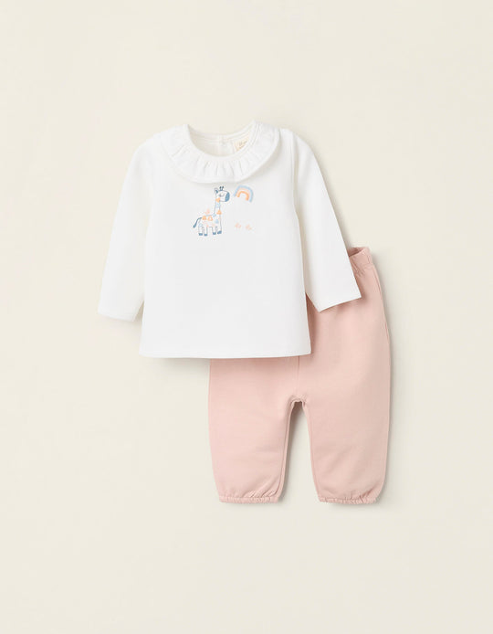 Set of Sweatshirt + Trousers for Newborn Girls 'Giraffe', Pink/White