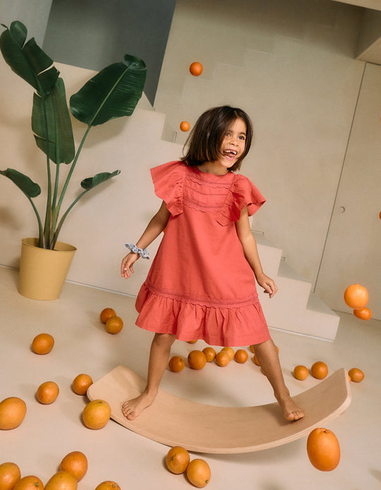 Cotton and Linen Dress with Crochet for Girls 'You&Me', Red