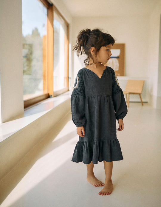 Bambula Dress with Crochet for Girls, Grey