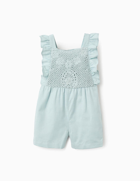 Cotton and Linen Jumpsuit with Crochet for Baby Girls, Aqua Green