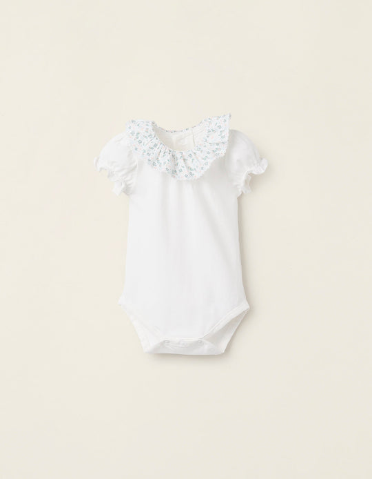 Floral Collar Bodysuit for Newborn Girls, White